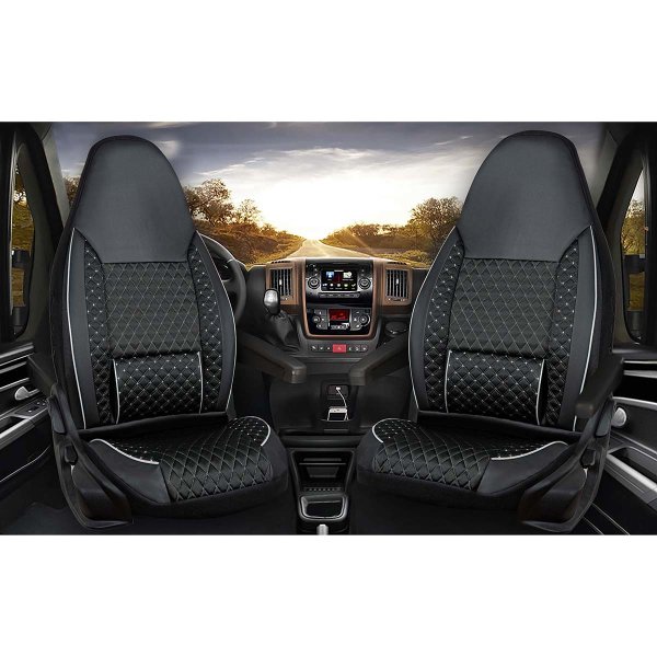 Sitzbezüge passend für Citroen Jumper Wohnmobil Camper Caravan ab Bj. 2006 in Schwarz/Weiß 2er Set Pilotdesign