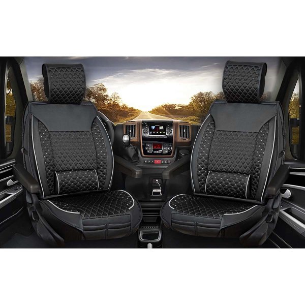 Sitzbezüge passend für Citroen Jumper Wohnmobil Camper Caravan ab Bj. 2006 in Schwarz/Weiß 2er Set