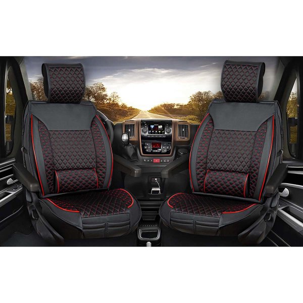 Sitzbezüge passend für Ford Custom Wohnmobil Camper Caravan in Schwarz/Rot 2er Set