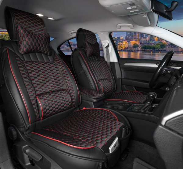 Sitzbezüge passend für Seat Altea ab Bj. 2004 in Schwarz/Rot 2er Set Wabendesign