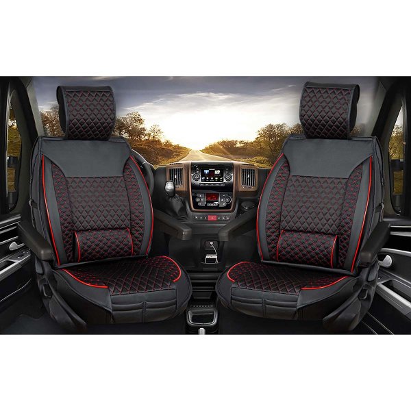 Sitzbezüge passend für VW T5/T6/T6.1 Wohnmobil Camper Caravan ab Bj. 2003 in Schwarz/Rot 2er Set